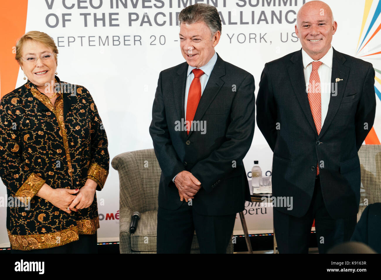 Chilean President Michelle Bachelet, Colombia President Juan Manuel Santos  and Trade Minister of Peru Eduardo Ferreyros speakers at the CEO Investment Summit of The Pacific Alliance during UNGA Stock Photo