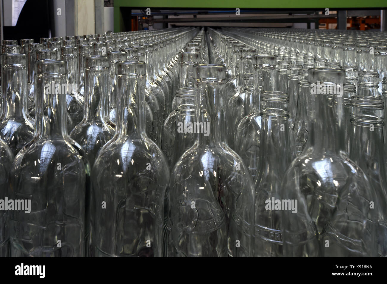 Owens-Illinois company has officially launched its a new operation modern technology in its factory in Dubi, Czech Republic, on September 21, 2017. An investment of more than 700 million crowns will speed up the production of packaging glass, which has been produced in Dubi since 1908. Every day 600,000 bottles or glasses are produced in continuous operation. Making one bottle from the drop of glass to the expedition takes about 110 minutes. The company is the largest manufacturer of glass containers in the world, employing almost 400 people in the Czech Republic. The picture shows bottles pro Stock Photo
