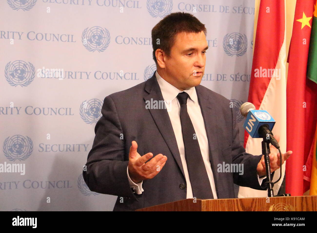 UN, New York, USA. 21st Sept, 2017. Ukraine's Foreign Minister Pavlo Klimkin briefed reporters on his country's peacekeeping plan. Photo: Matthew Russell Lee / Inner City Press Stock Photo