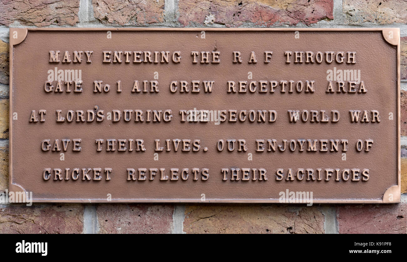 Commemorative plaque at Lords Cricket Ground for RAF air crew during world war 2, St Johns Wood, London, England, UK. Stock Photo
