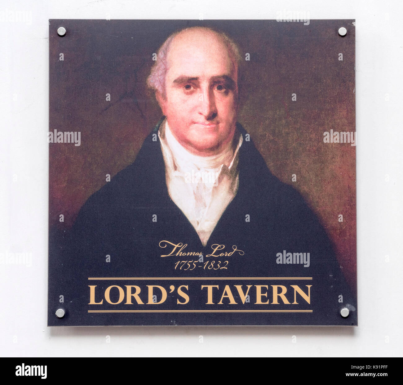 Portrait sign of Sir Thomas Lord at the Lord's Tavern Public House, St John's Wood, London, UK. Stock Photo