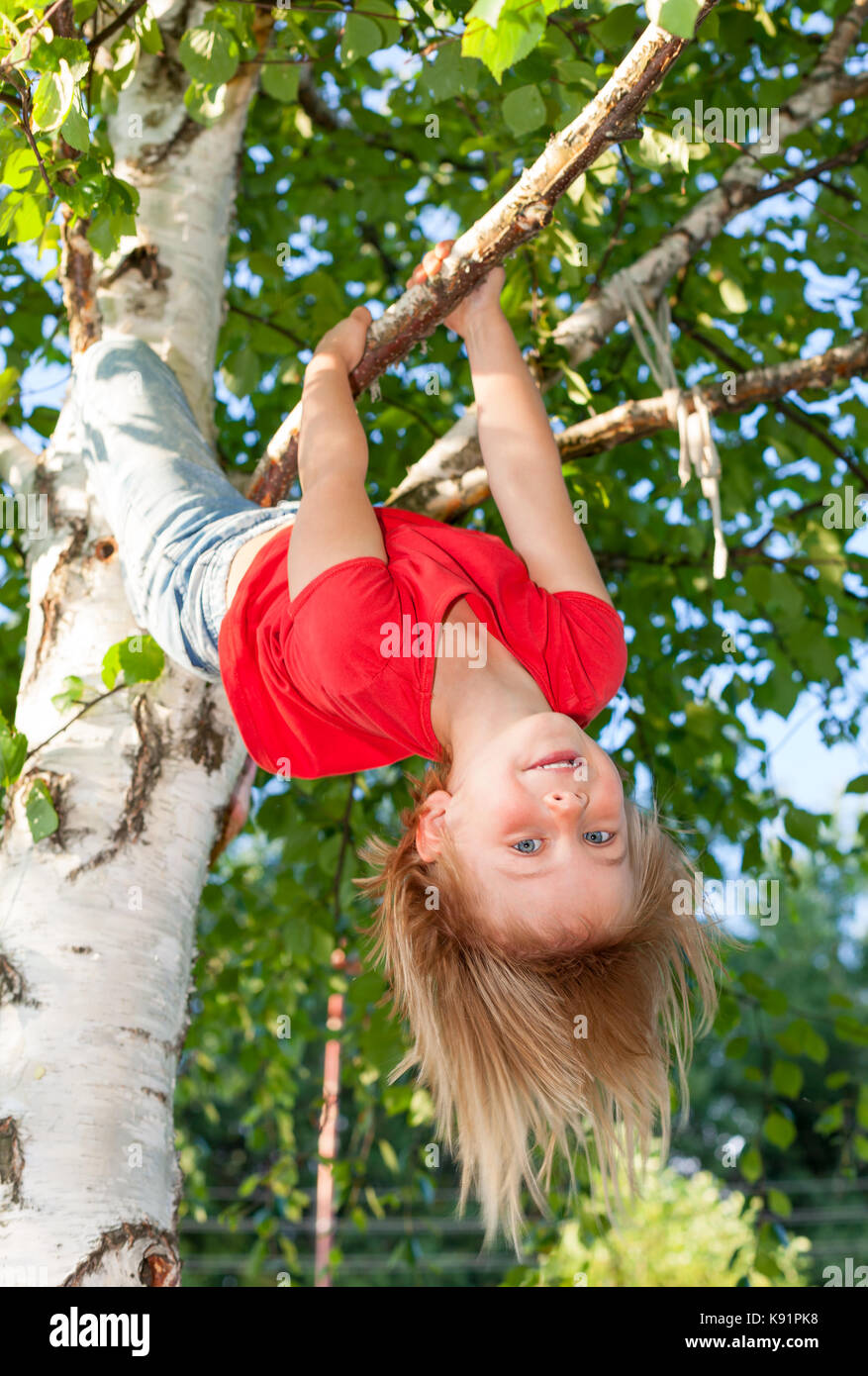 Low angle view of happy girl wearing red t-shirt hanging upside down from a birch tree looking at camera enjoying summertime Stock Photo