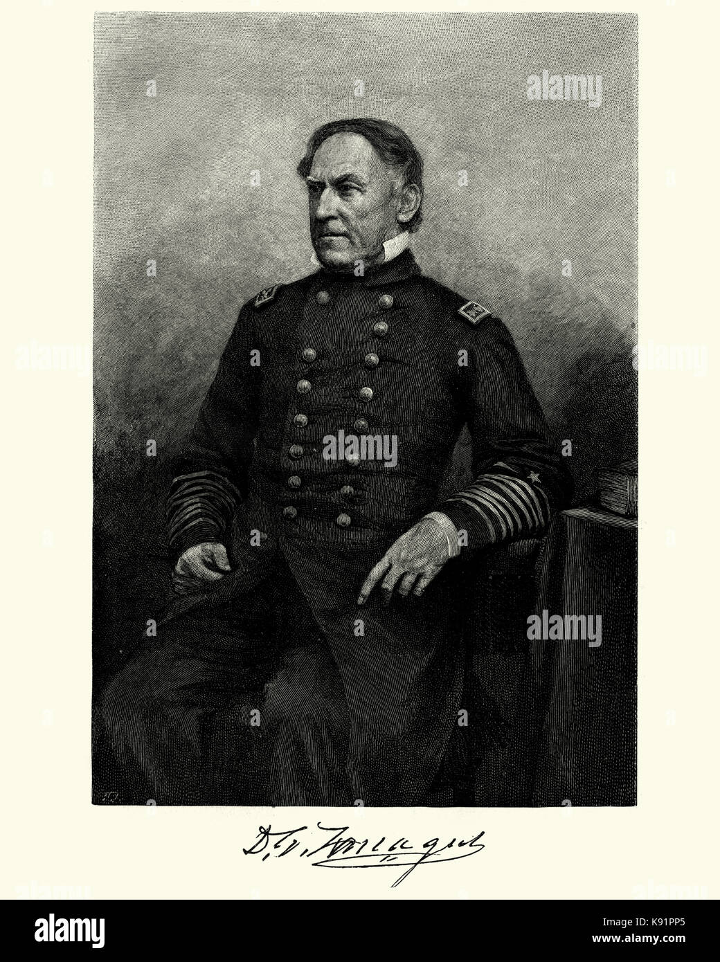 Vintage engraving of David Farragut (1801 to August 14, 1870) was a flag officer of the United States Navy during the American Civil War. Stock Photo