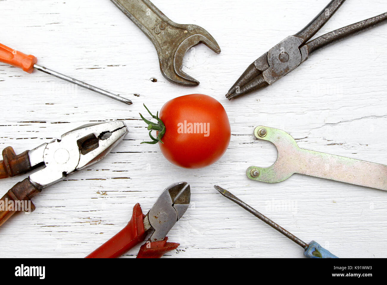 saying if it ain't broke, don't fix it metaphor with whole tomato and tools Stock Photo
