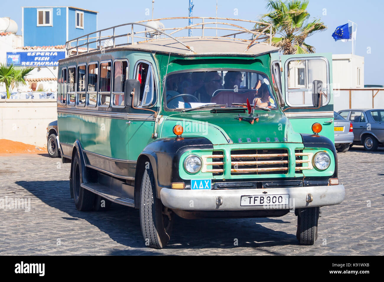 A view of an old Bedford minibus in Ayia Napa, Cyprus. Stock Photo