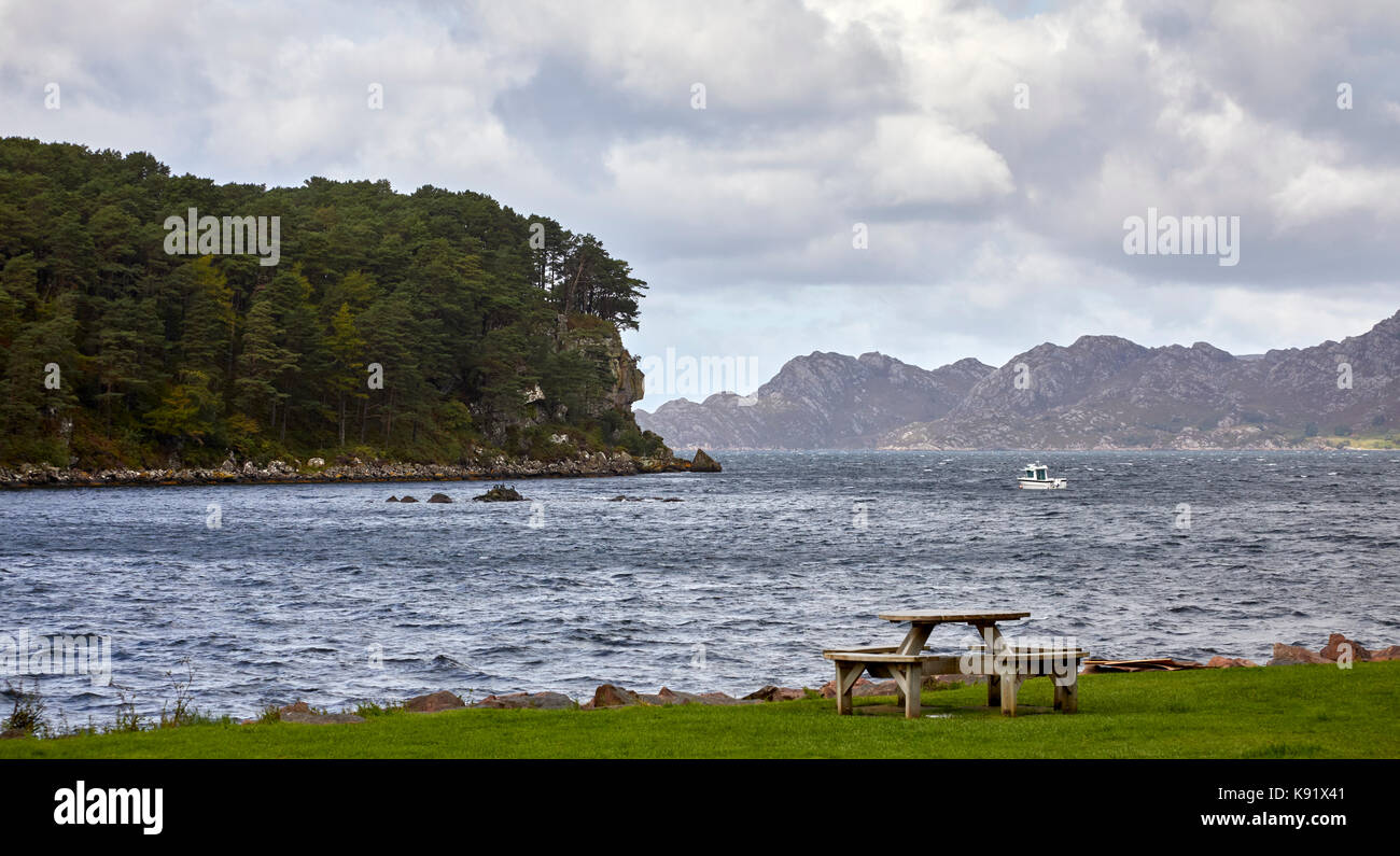 Looking north west from Shieldaig across Loch Shieldaig and the northern tip of Shieldaig Island. Ross and Cromarty, Scotland Stock Photo
