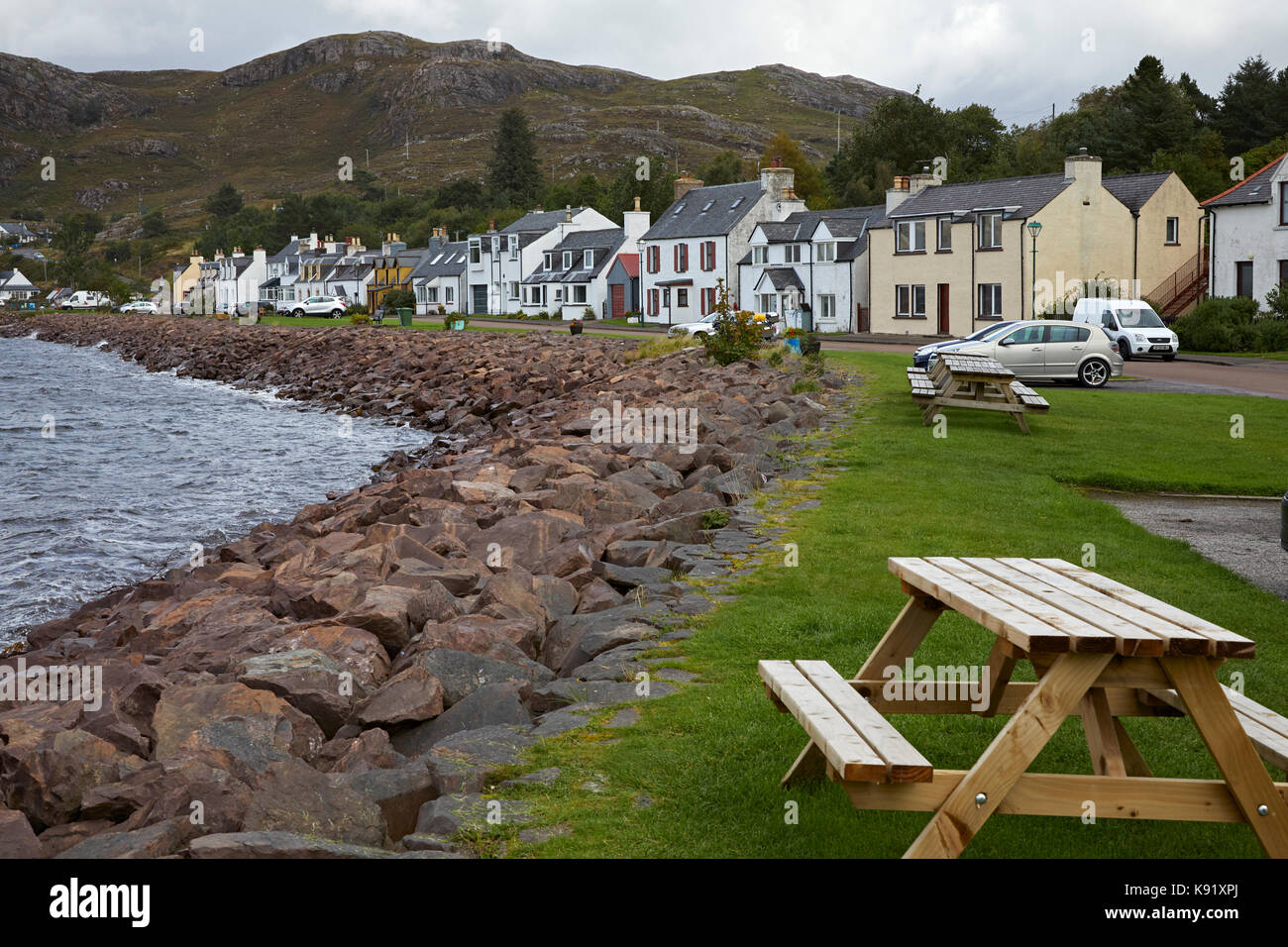 Looking north along seafront at Shieldaig showing neat and well painted