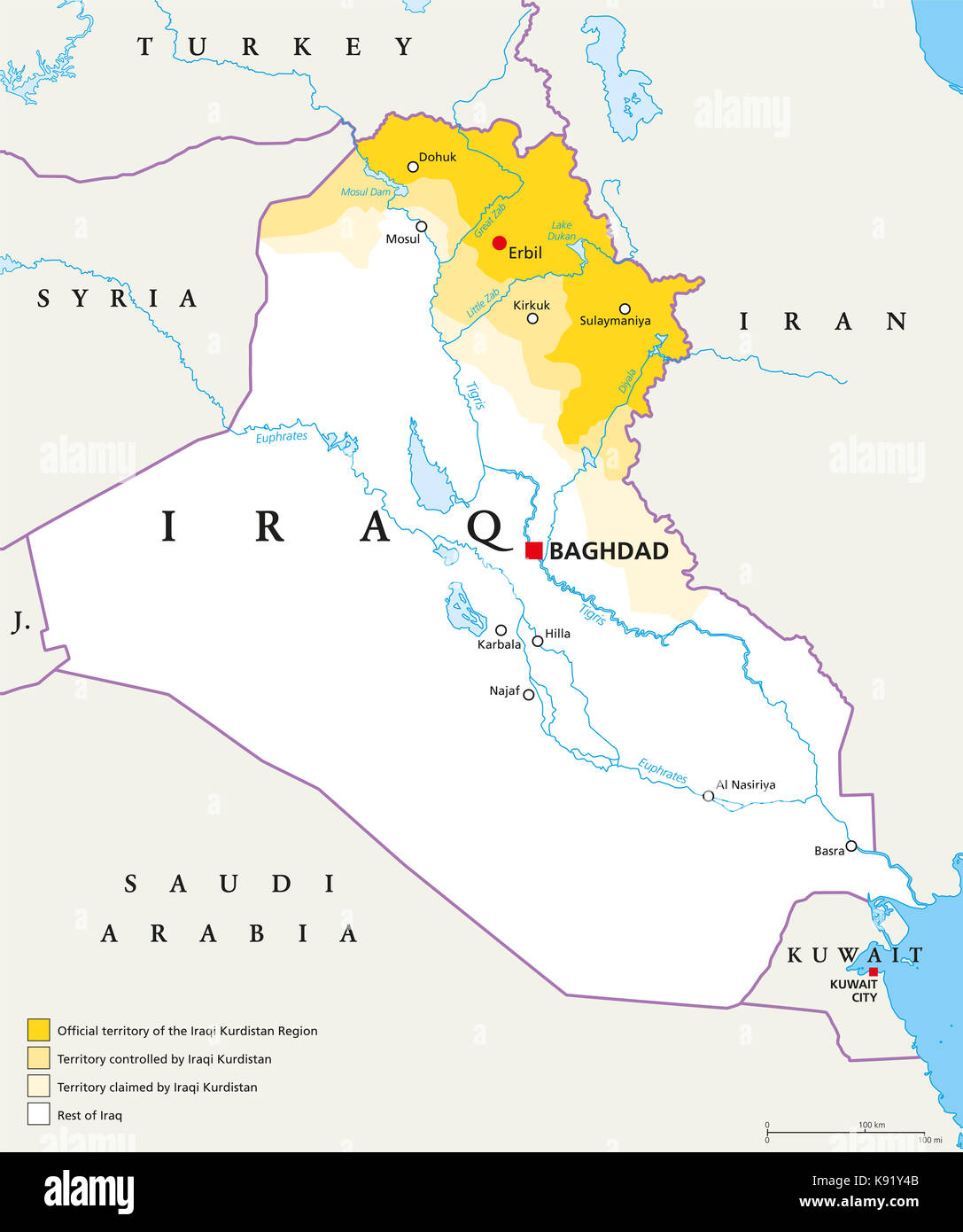 Iraqi Kurdistan Region political map. Official, controlled and claimed territories in Iraq. English labeling. Illustration. Stock Photo