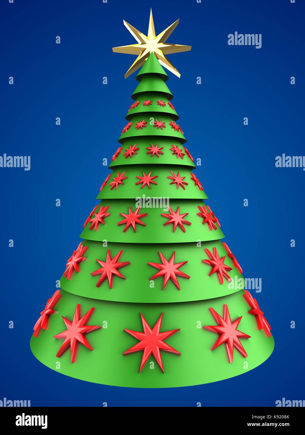 3d illustration of christmas tree over blue background with red stars ...