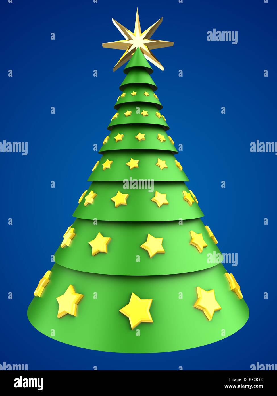 3d illustration of christmas tree over blue background with yellow ...
