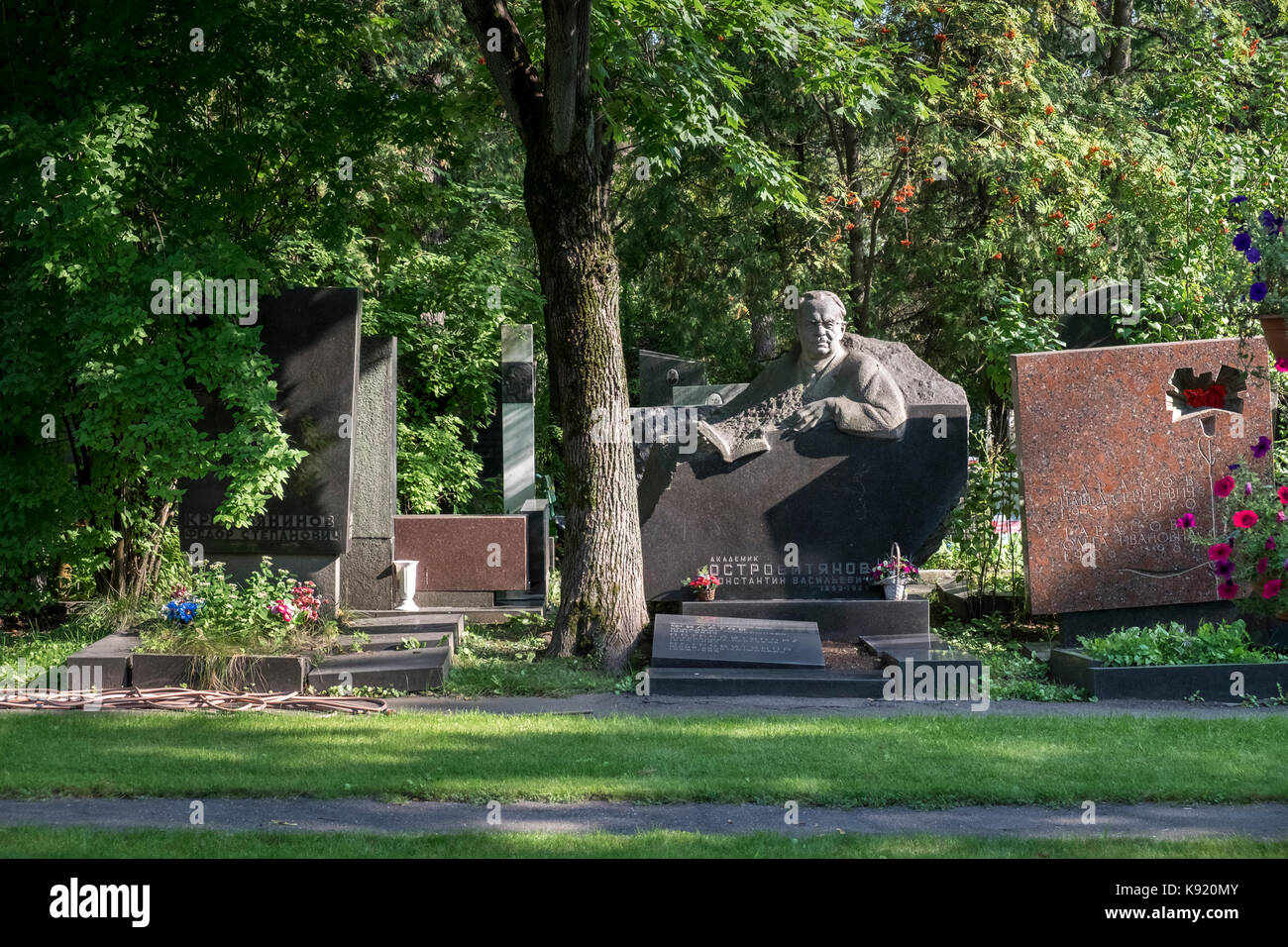 Headstones of significant Russians buried at the famous Novodevichy Cemetery, Moscow, Russia. Stock Photo