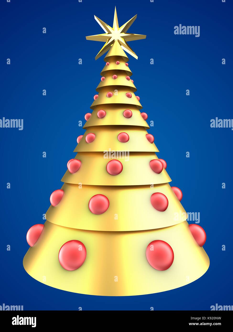 3d illustration of golden Christmas tree over blue background with red ...