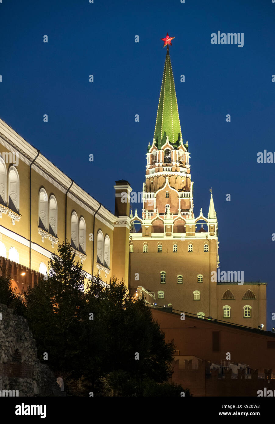 The Trinity (Troitskaya) Tower illuminated at night, The Kremlin, Moscow, Russia. Stock Photo