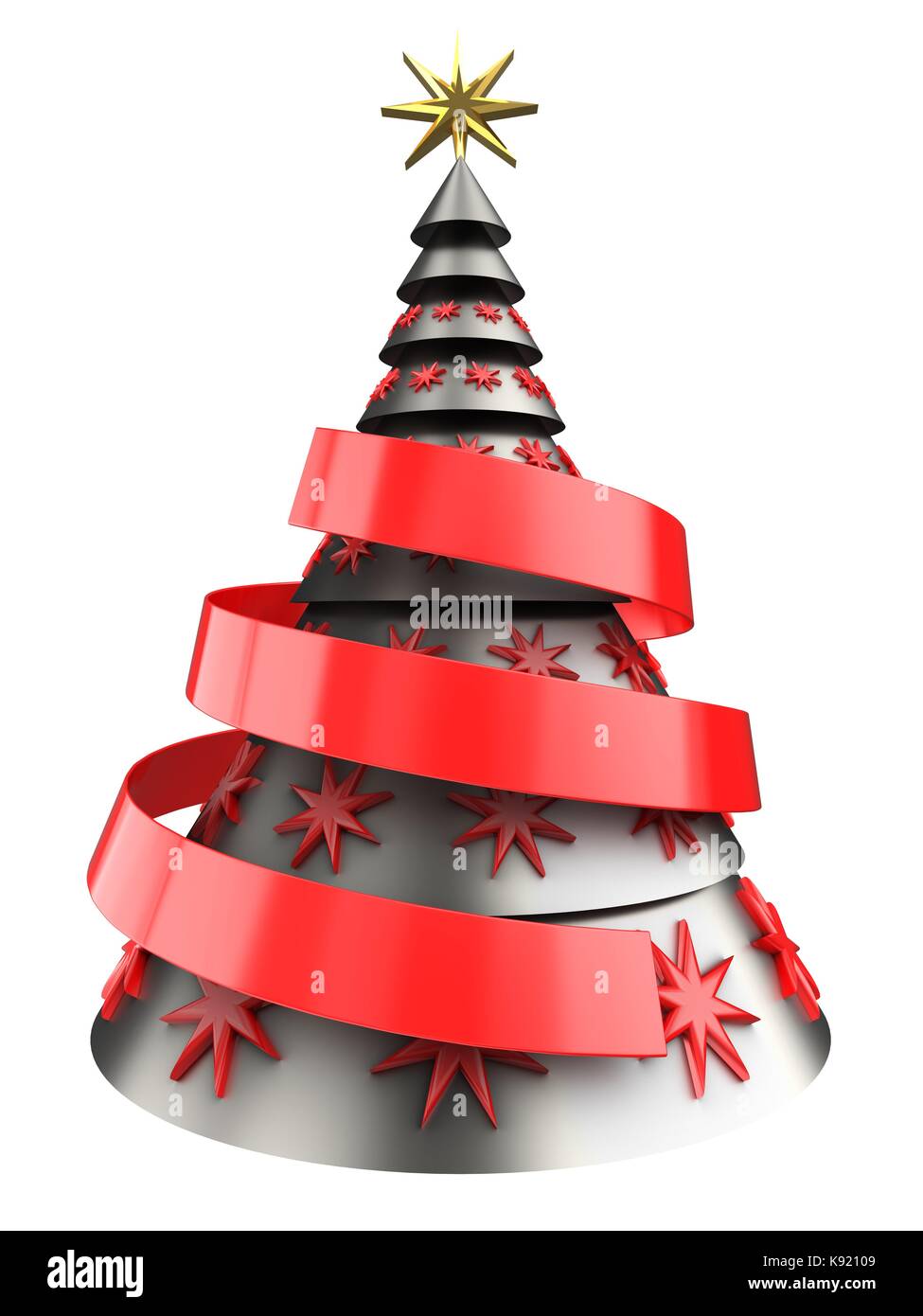 3d illustration of metal Christmas tree over white background with red ...