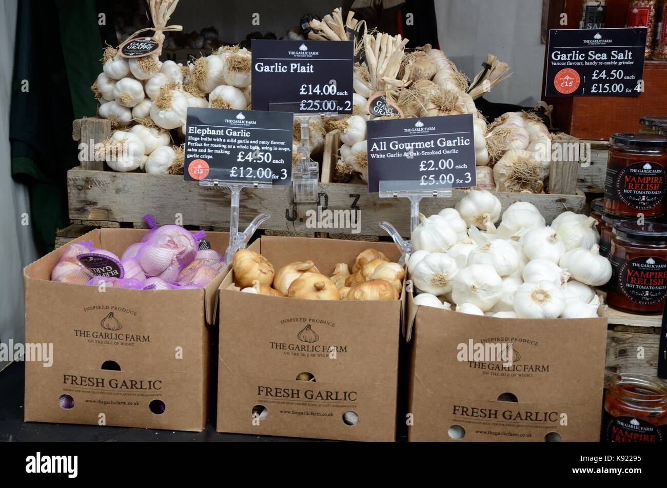 Boxes of different varieties of garlic from the Garlic Farm isle of