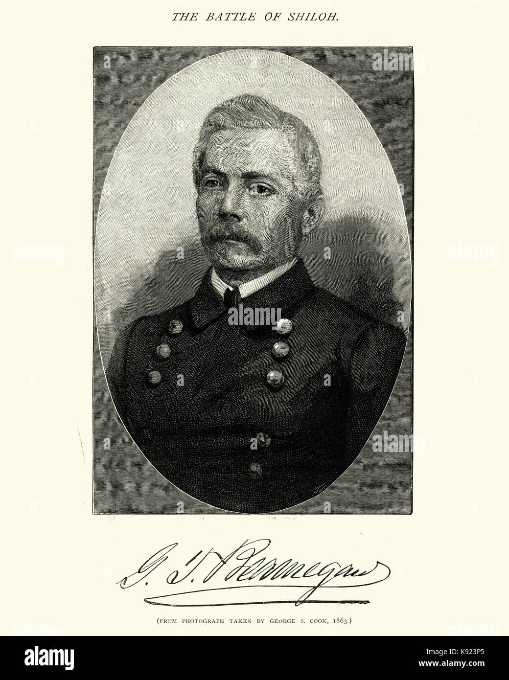 Vintage engraving of P. G. T. Beauregard (born Pierre Gustave Toutant-Beauregard; May 28, 1818 – February 20, 1893) was an American military officer,  Stock Photo
