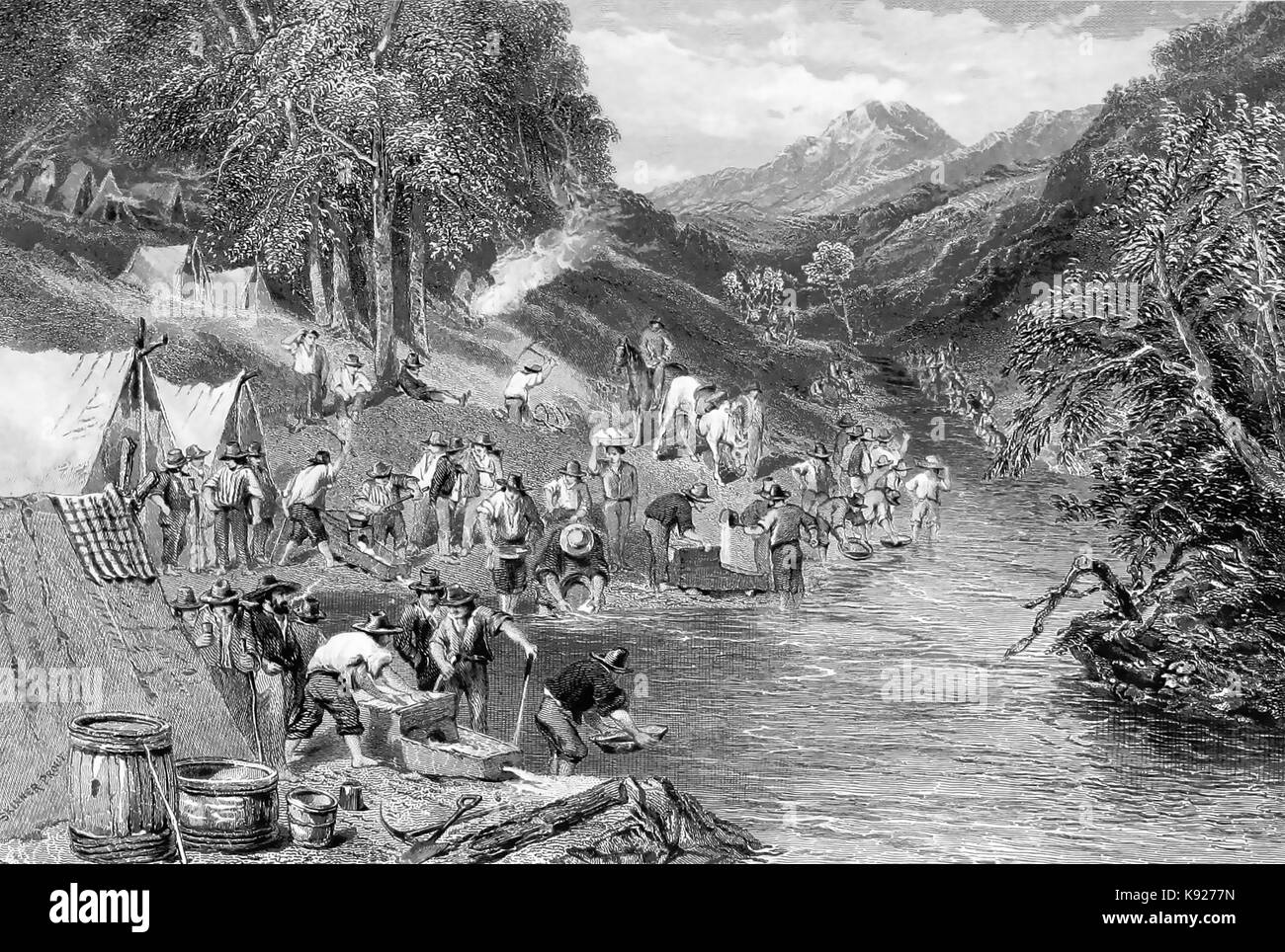 PANNING FOR GOLD in Australia about 1870. Engraving from 'Australia' by Prout, Chevalier, and Brierly, 1873. Stock Photo