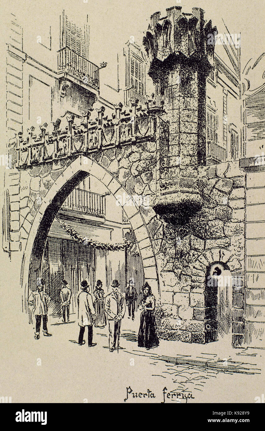 Spain. Catalonia. Barcelona. Annual festival of La Merce. Porta Ferrisa street. Engraving by J. Passos. 'La Ilustracion Artistica', 1887. Stock Photo