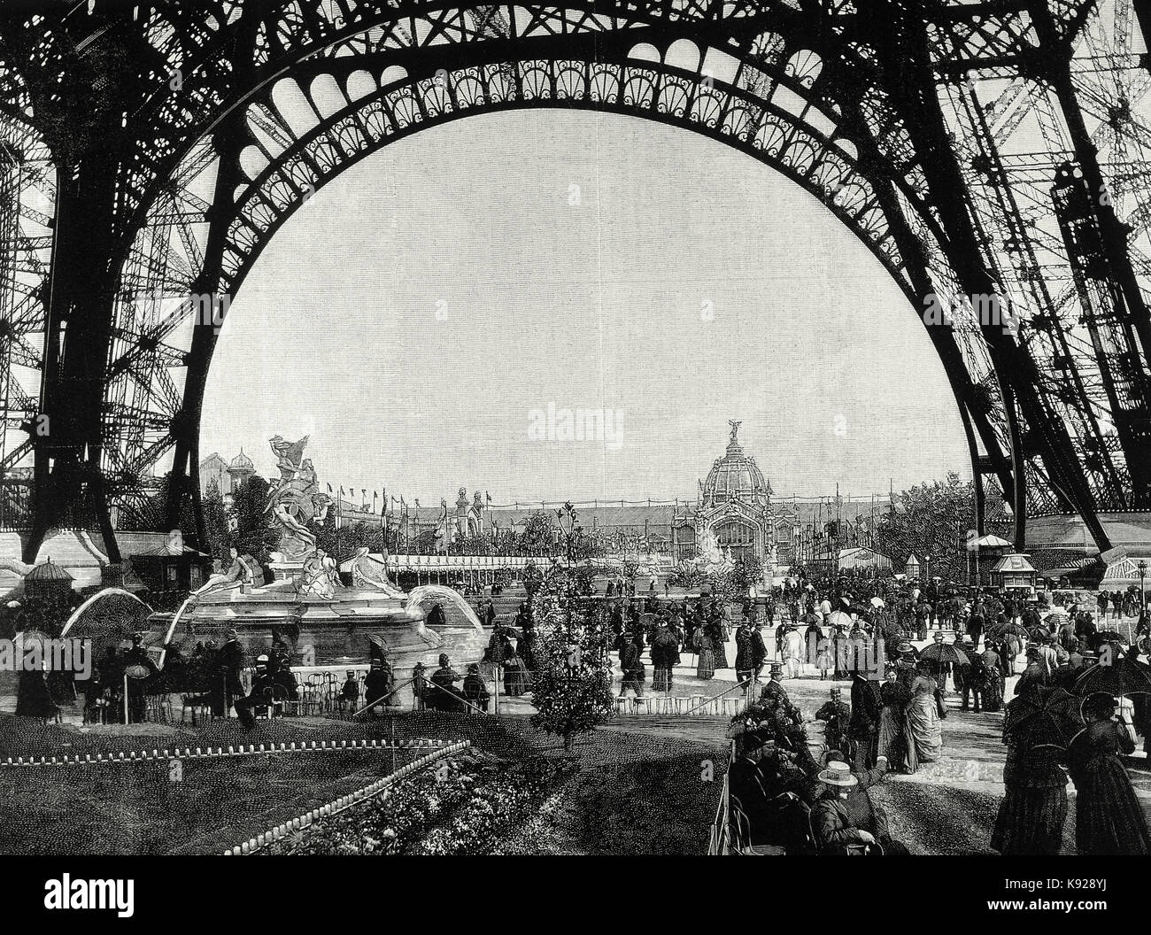 France. Paris. Universal Exhibition of 1889. Walk at the foot of the Eiffel Tower. In front, the Argentine Pavilion. Engraving by Rico. 'La Ilustracion Espanola y Americana'. Stock Photo