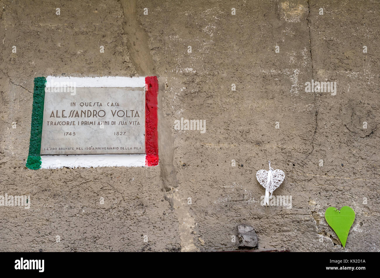 Wall plaque to the Italian inventor of the battery, Alessandro Volta, Como, Italy Stock Photo