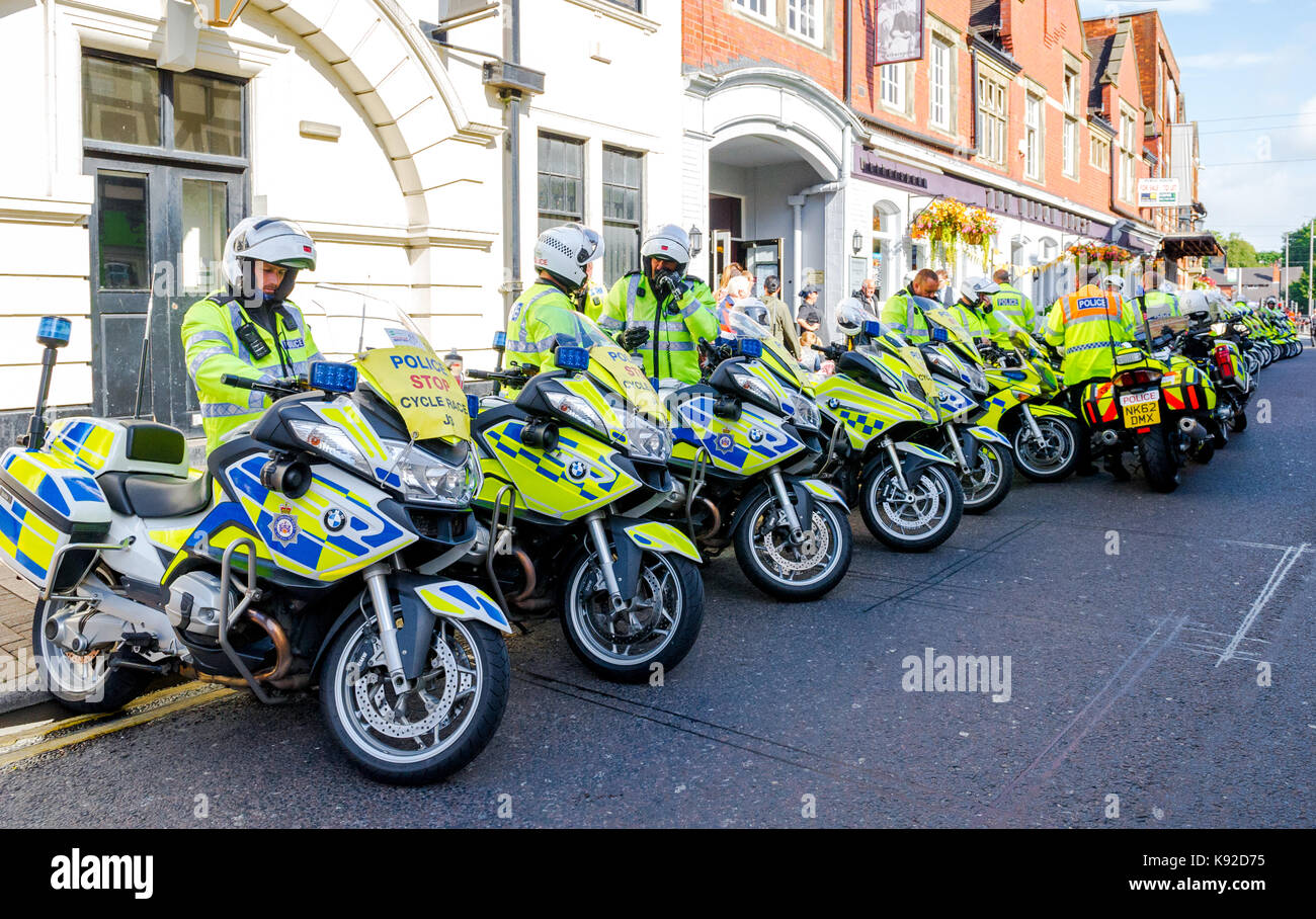 Police motorcycles line up for the start of the 2017 Tour of Britain. Stock Photo