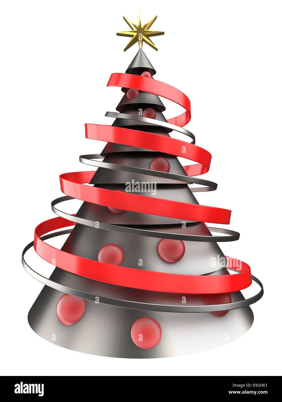 3d illustration of metal Christmas tree over white background with red ...