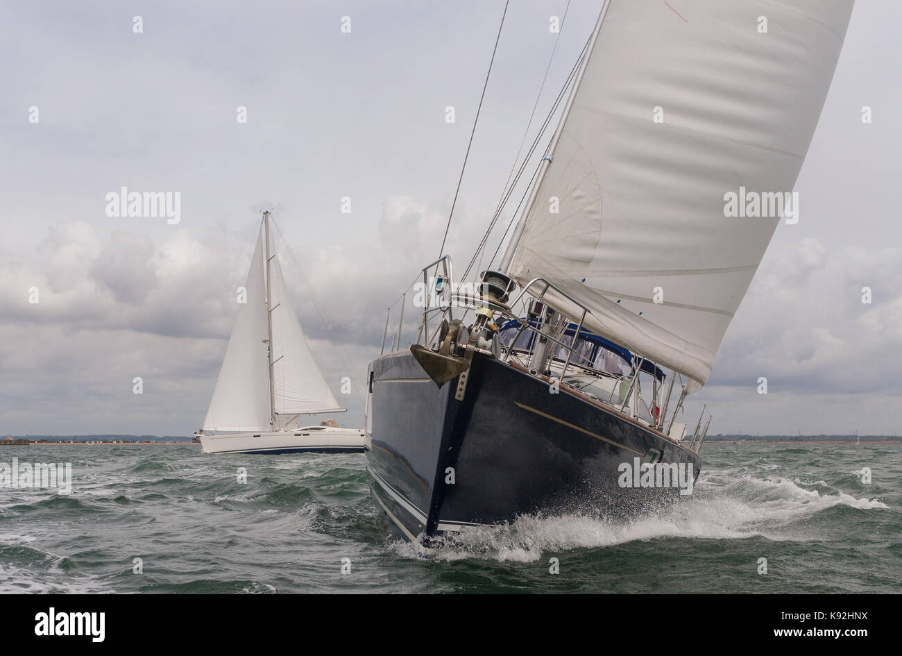 Two sailing boats, sail boat or yachts at sea Stock Photo