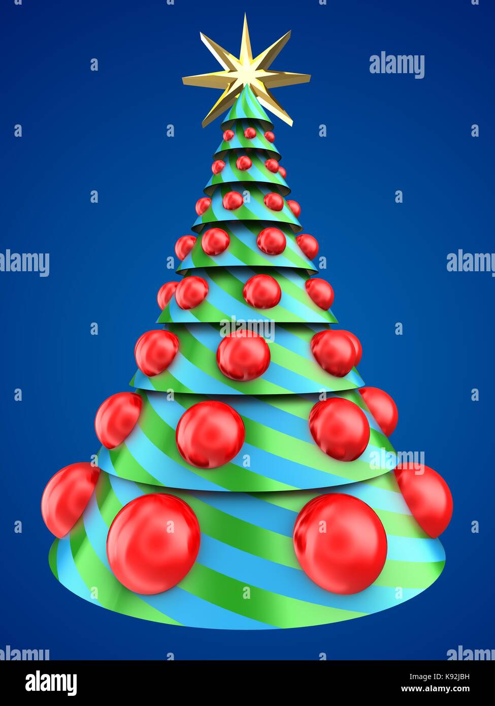 3d illustration of Christmas tree over blue background with big red ...