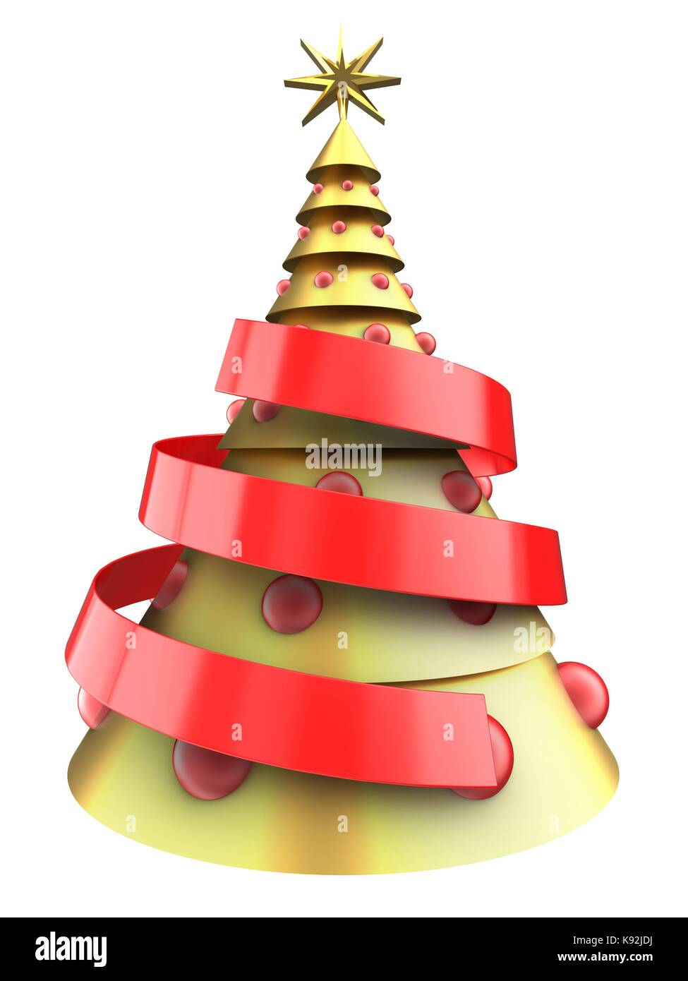 3d illustration of golden Christmas tree over white background with red ...
