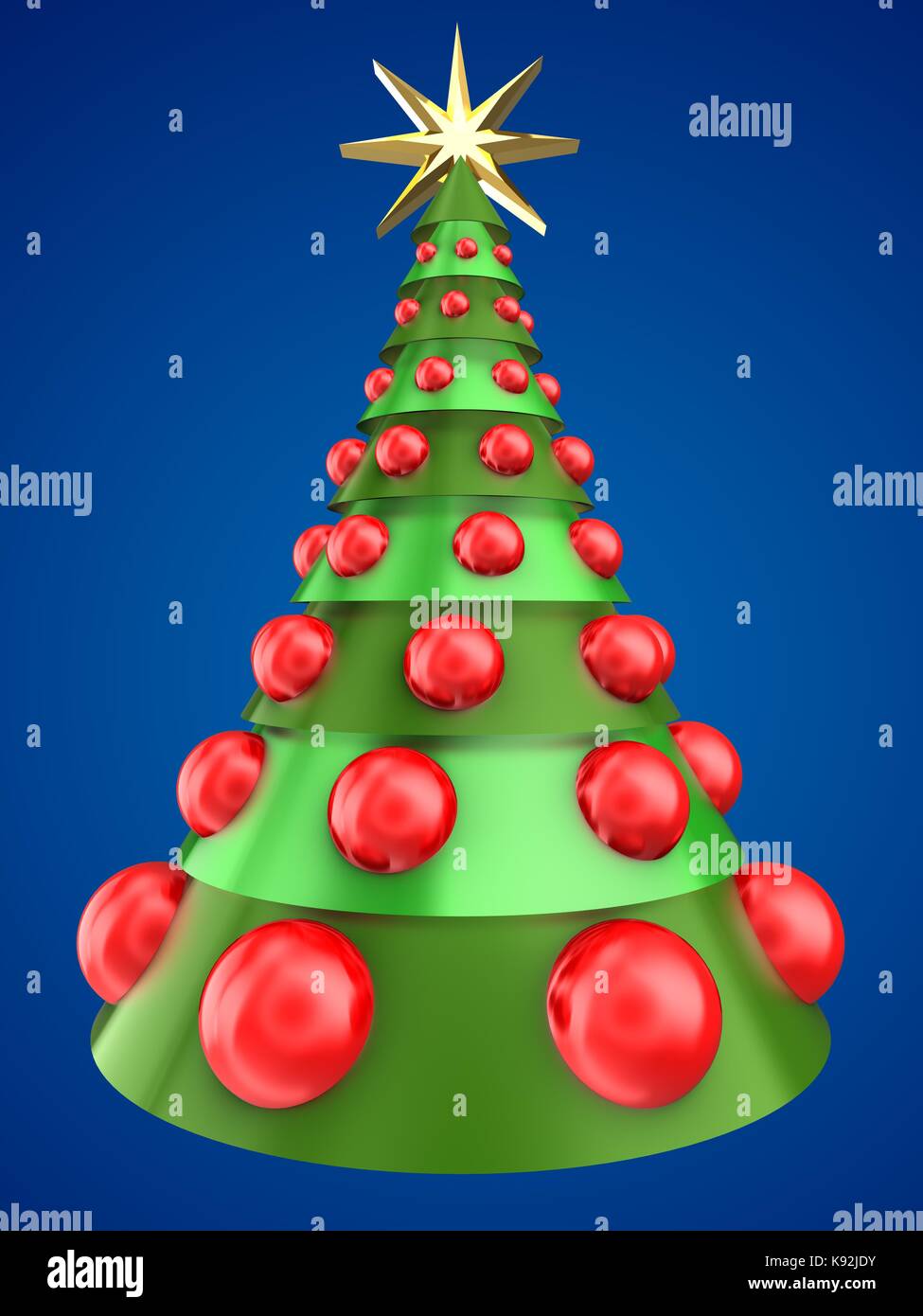 3d illustration of Christmas tree over blue background with big red ...