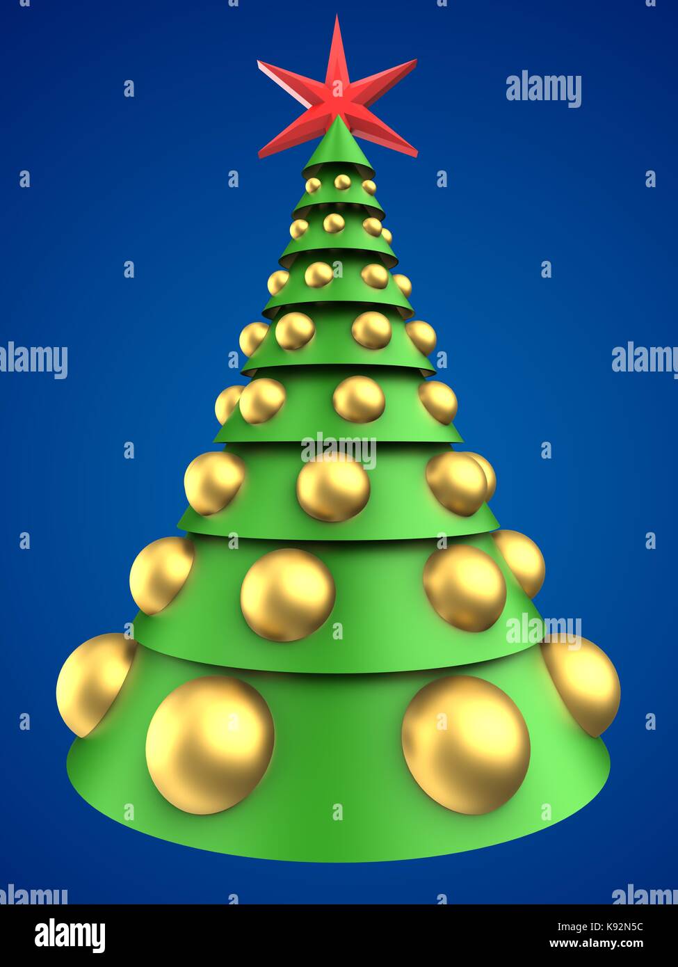 3d illustration of christmas tree over blue background with big golden ...