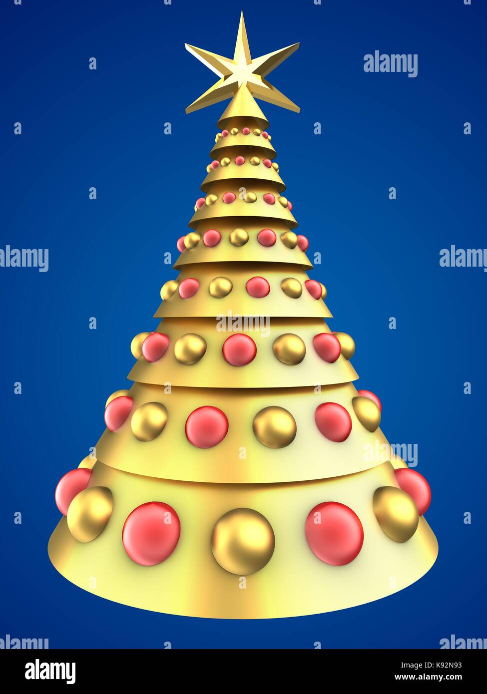 3d illustration of golden Christmas tree over blue background with ...