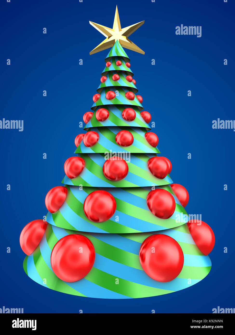 3d illustration of Christmas tree over blue background with big red ...