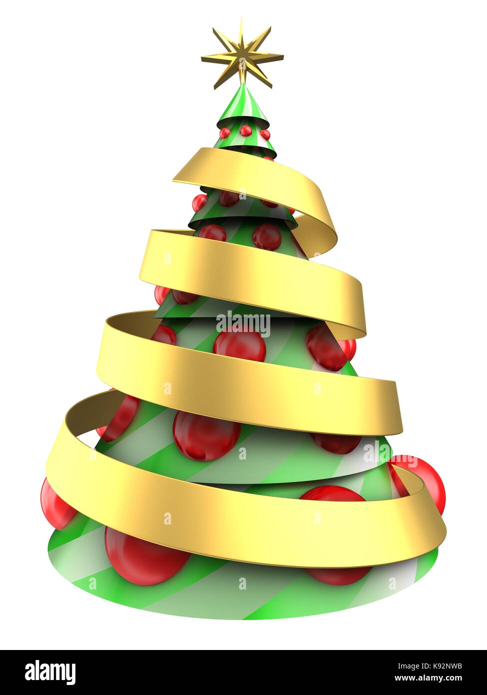 3d illustration of Christmas tree over white background with big red ...
