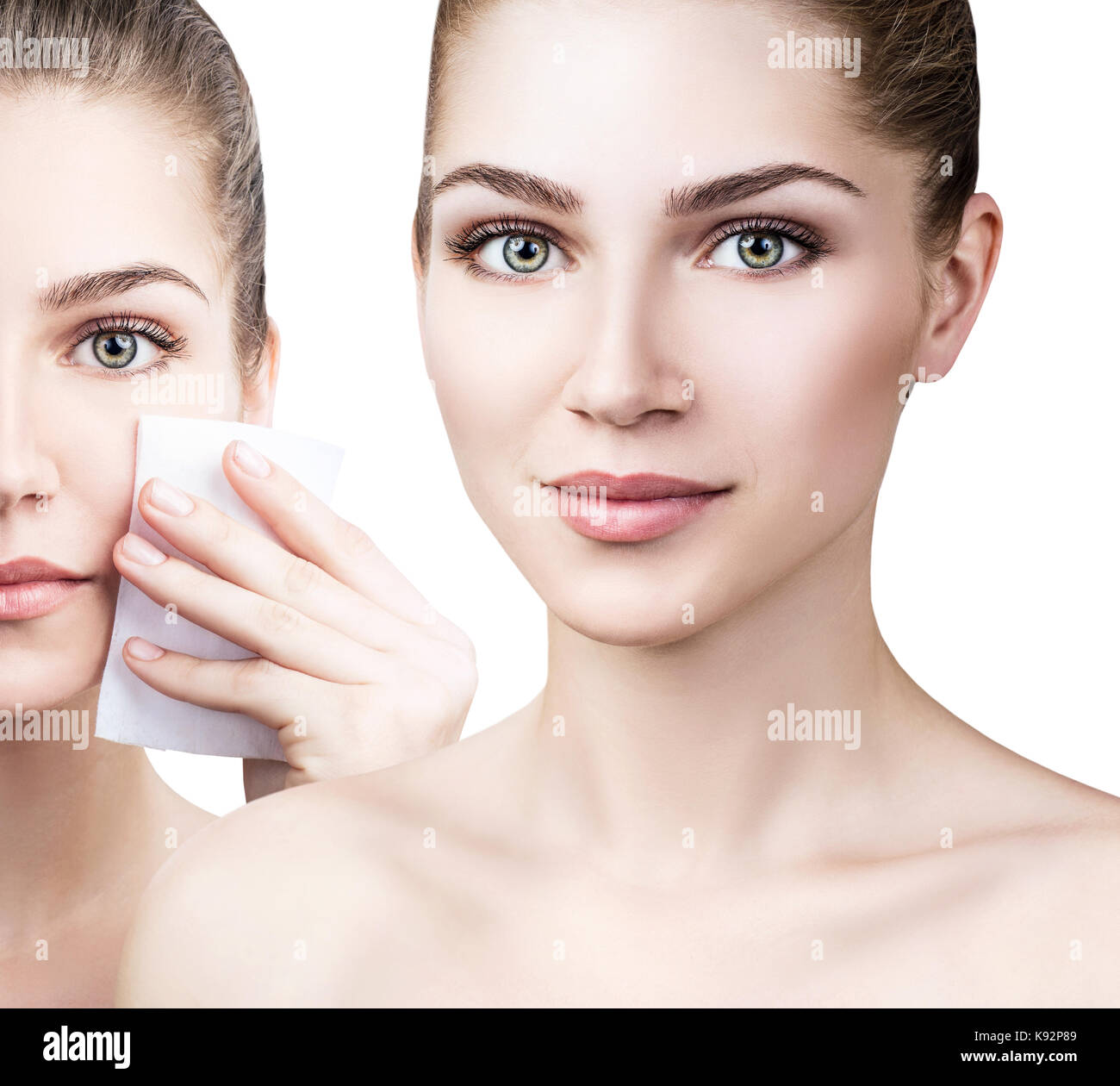 Beautiful woman cleansing face by napkins. Stock Photo