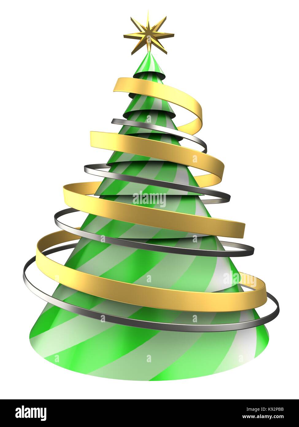 3d illustration of Christmas tree over white background with ribbons ...