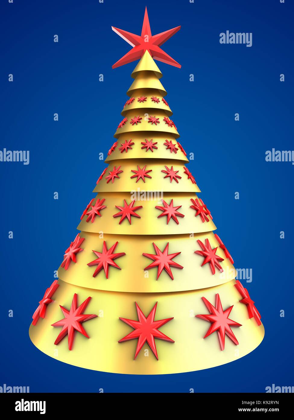 3d illustration of golden Christmas tree over blue background with red ...