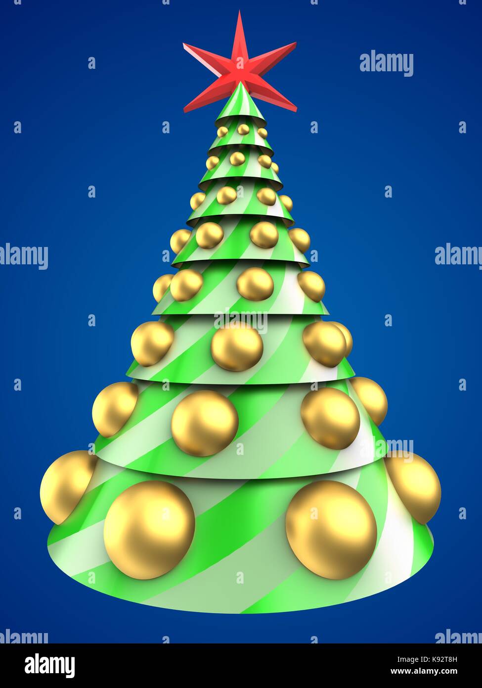 3d illustration of Christmas tree over blue background with big golden ...