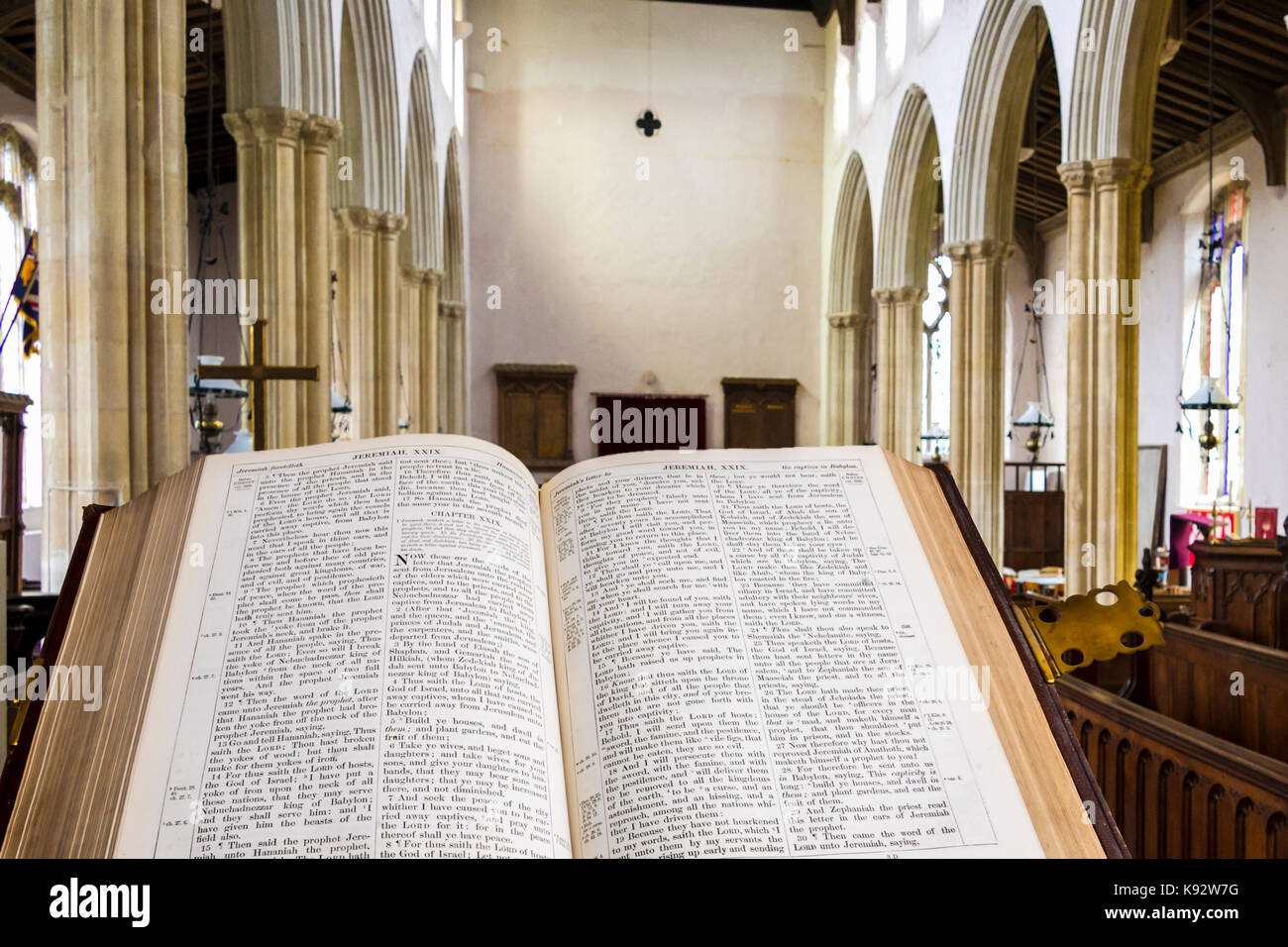 Open Christian bible in an English church Stock Photo