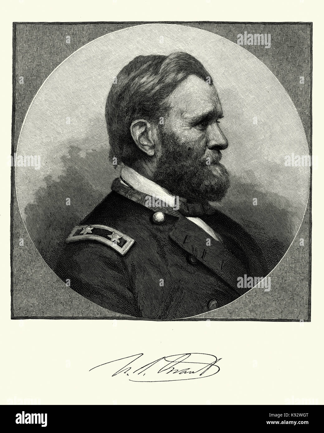 Vintage engraving of Ulysses S. Grant the 18th President of the United States (1869–77). As Commanding General (1864–69), Grant worked closely with Pr Stock Photo