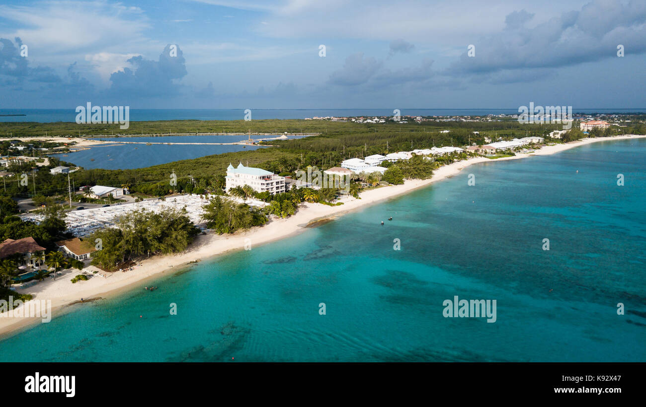 Aerial drone view of Seven Mile Beach on the island of Grand Cayman in the Caribbean Stock Photo