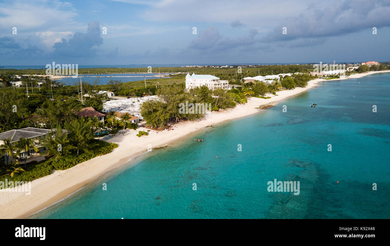 Aerial drone view of Seven Mile Beach on the island of Grand Cayman in the Caribbean Stock Photo