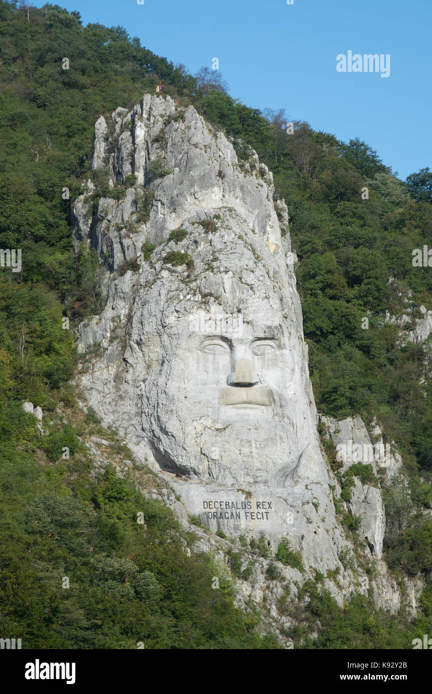 Romania, River Danube, Iron gate gorge, King Decabalus sculpture Stock Photo