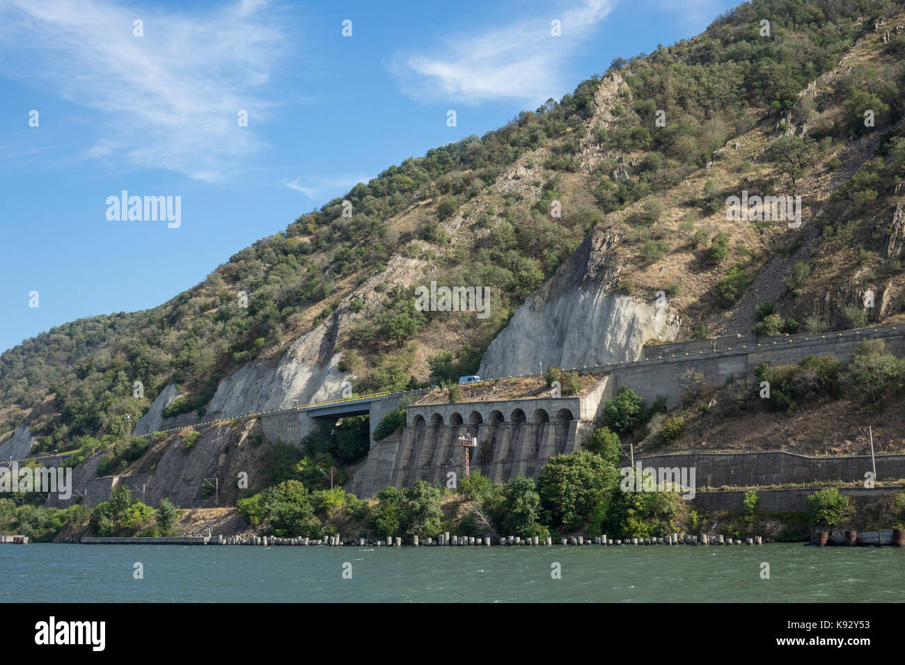 Romania, Danube gorge, E70 road approaching Iron gate Lock number one Stock Photo