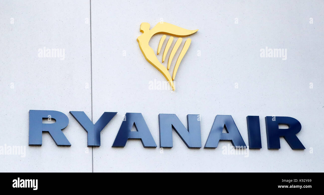 Signage at Ryanair's Dublin headquarters, where the crisis over pilot shortages and warnings that crews are rejecting cash bonuses to commit to the airline will be addressed. Stock Photo