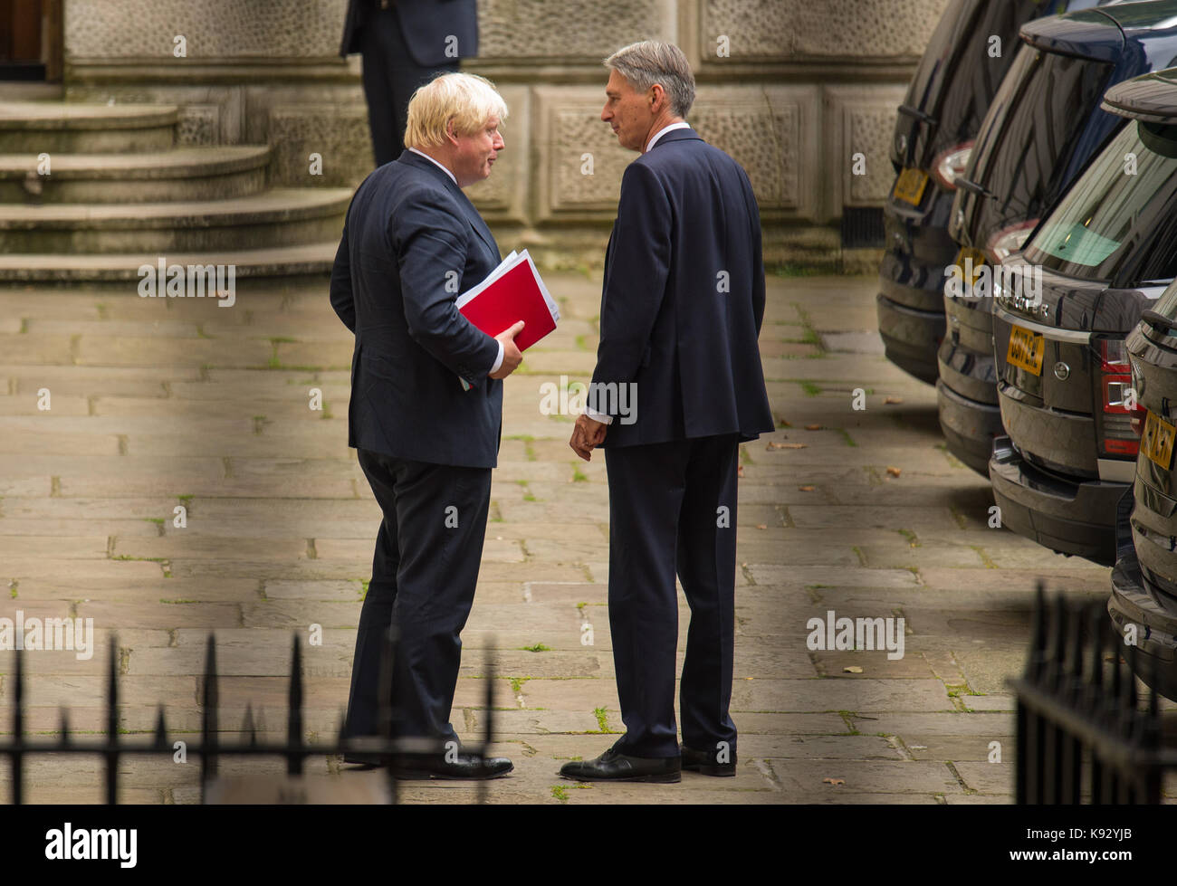 Foreign Secretary Boris Johnson (left) and Chancellor Philip Hammond, following a Cabinet meeting at 10 Downing Street, London, where Theresa May briefed her plans for Brexit before a major speech aimed at helping to break the deadlock in the negotiations with Brussels. Stock Photo