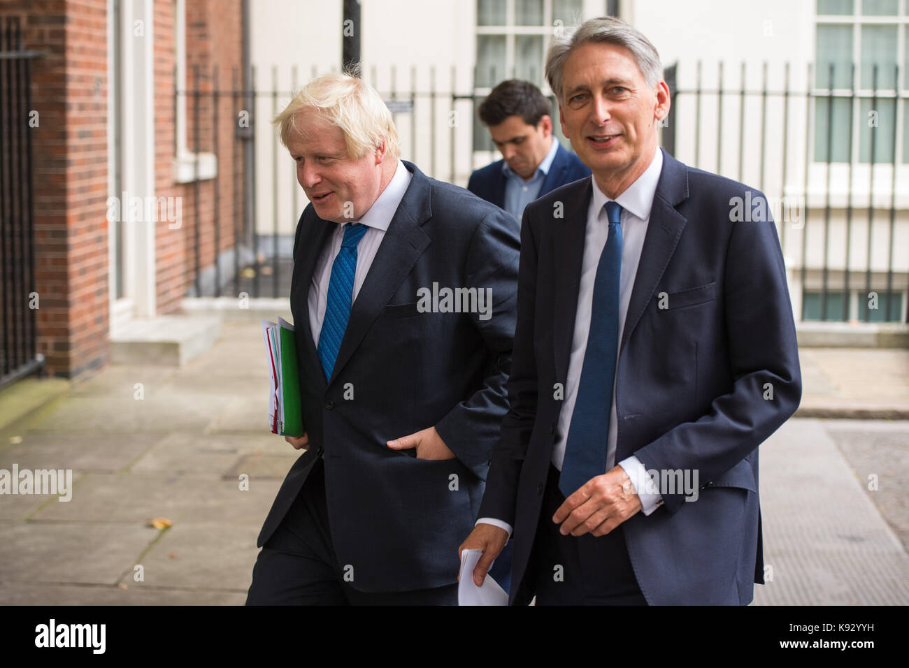 Foreign Secretary Boris Johnson (left) and Chancellor Philip Hammond leave 10 Downing Street, London, following a Cabinet meeting where Theresa May briefed her plans for Brexit before a major speech aimed at helping to break the deadlock in the negotiations with Brussels. Stock Photo