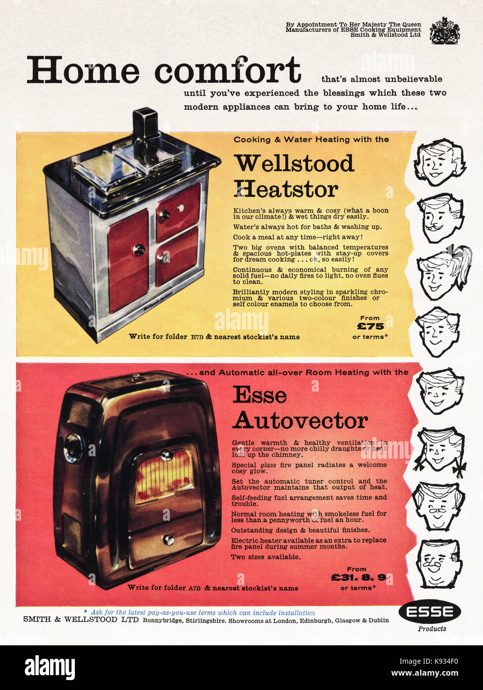 1950s old vintage original british magazine advert advertising Esse solid fuel stoves & heaters by Royal Appointment dated 1958 Stock Photo