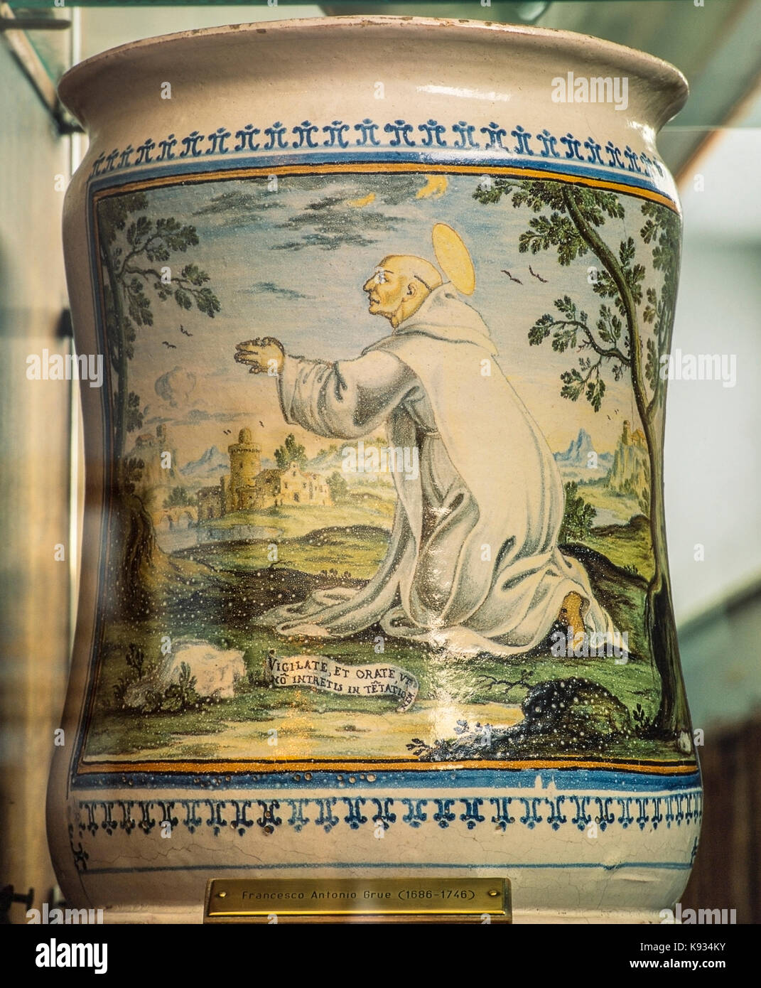 Italy Abruzzo Loreto Aprutino Acerbo ceramic museum - Vase with Saint - Francesco Antonio Grue ( 1682 - 1746 ) Stock Photo