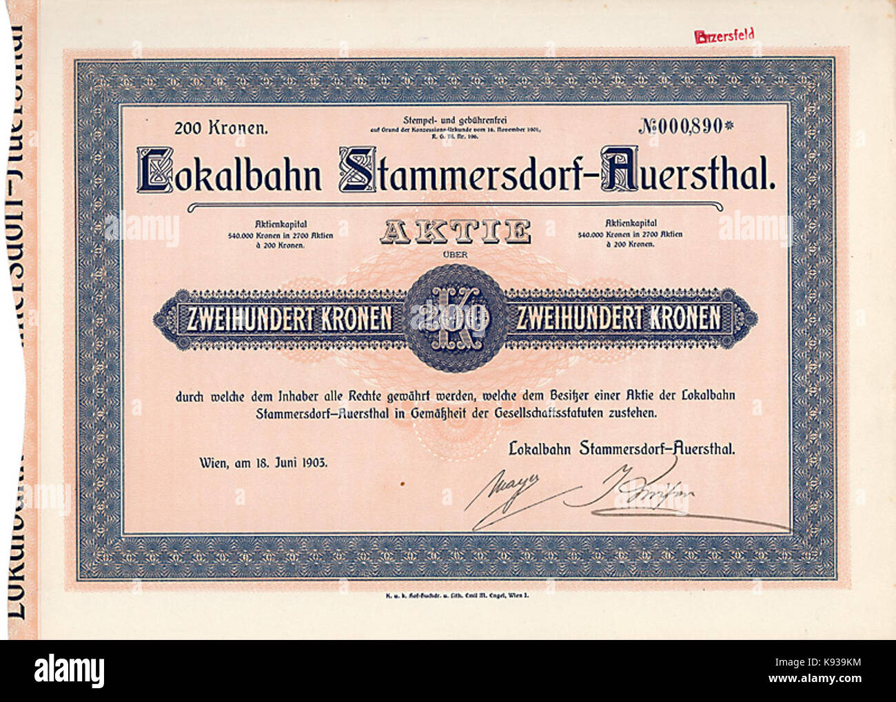 Lokalbahn Stammersdorf Auersthal 200 Kr 1903 Stock Photo